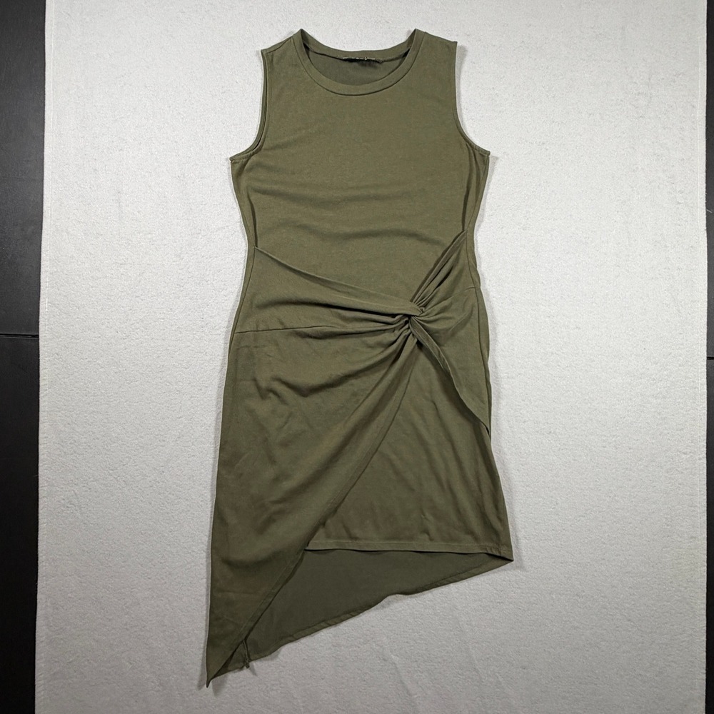 Trouve Womens Twist Front Asymmetrical Sleeveless Knit Dress Size M Olive Green